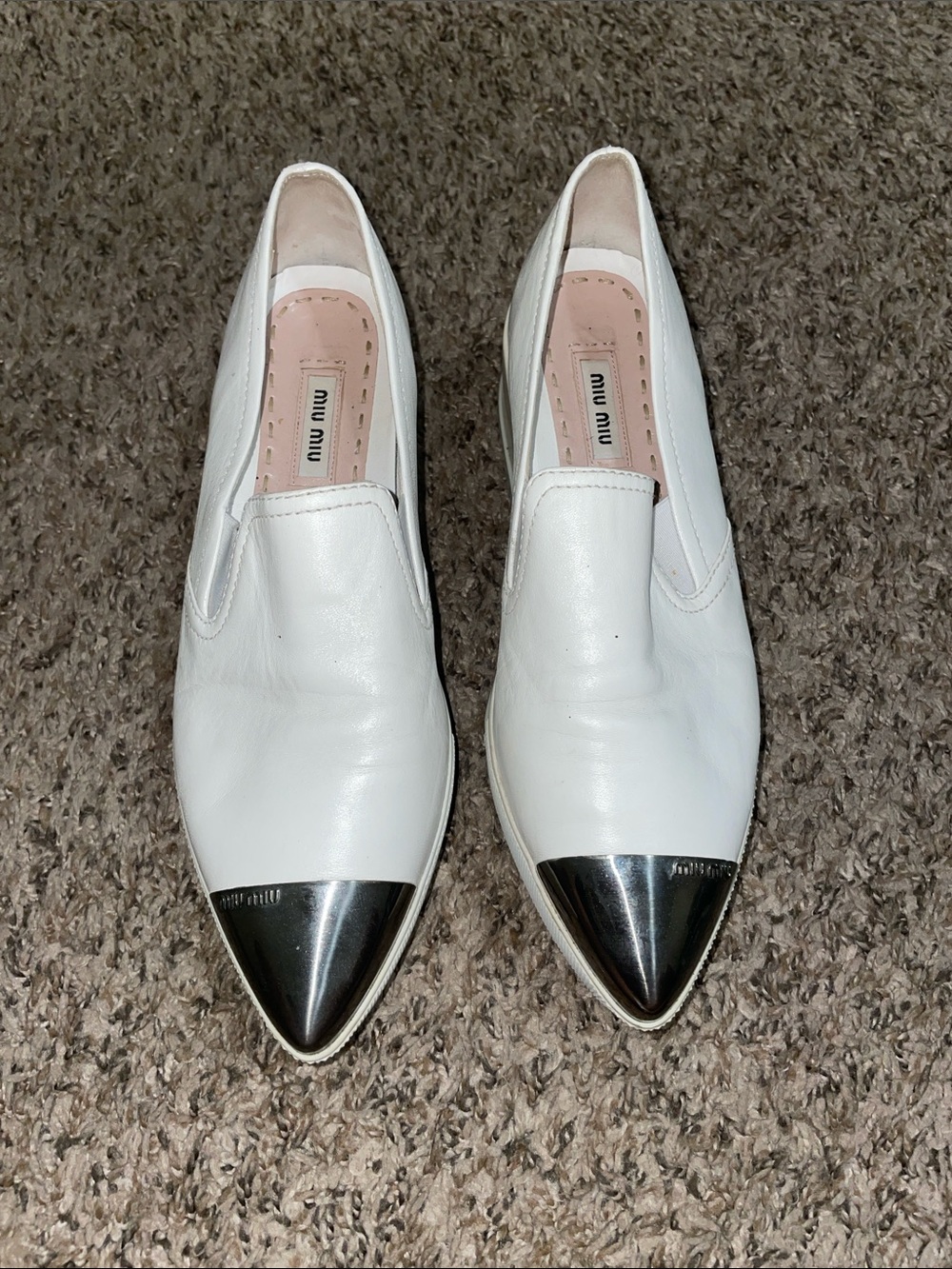 Miu Miu White Leather Platform Slip-On Flats with Silver Toe Cap